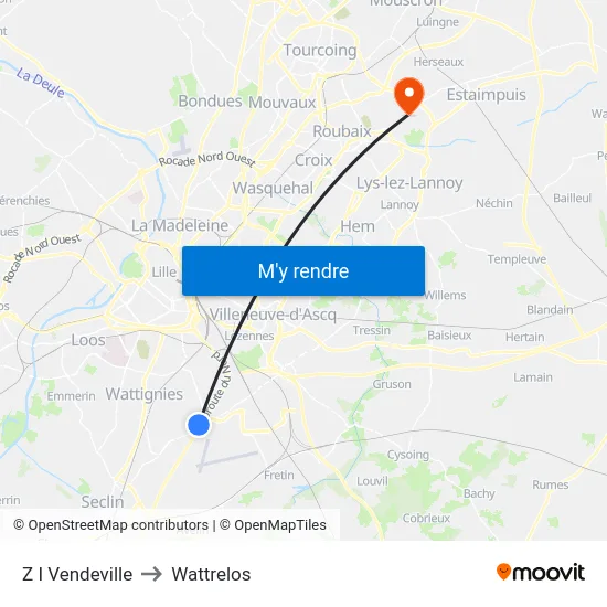 Z I Vendeville to Wattrelos map