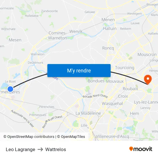 Leo Lagrange to Wattrelos map