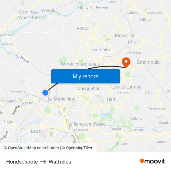 Hondschoote to Wattrelos map