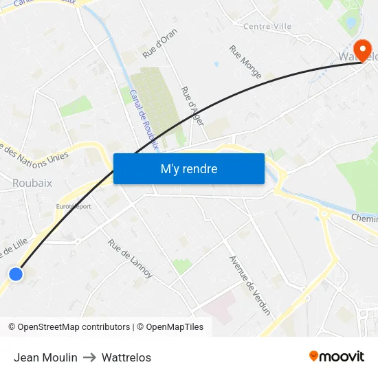 Jean Moulin to Wattrelos map
