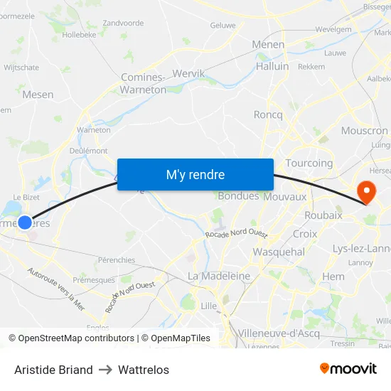 Aristide Briand to Wattrelos map