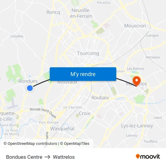 Bondues Centre to Wattrelos map