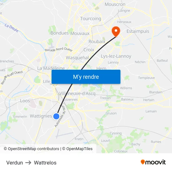 Verdun to Wattrelos map