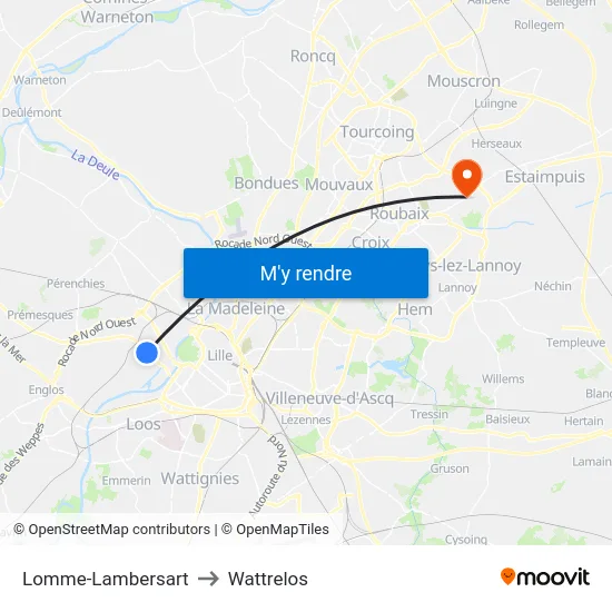 Lomme-Lambersart to Wattrelos map
