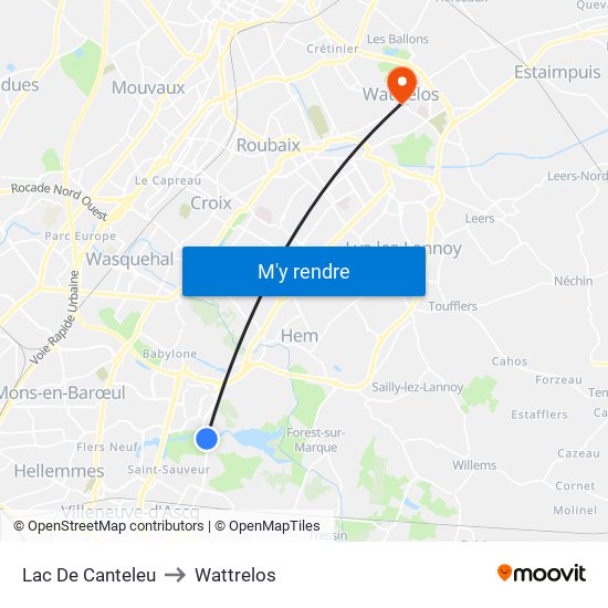 Lac De Canteleu to Wattrelos map
