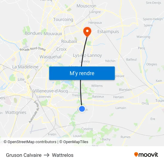 Gruson Calvaire to Wattrelos map