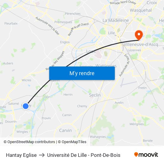 Hantay Eglise to Université De Lille - Pont-De-Bois map