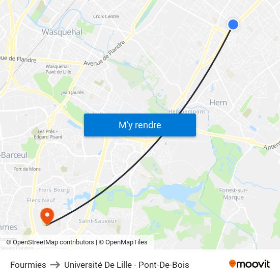 Fourmies to Université De Lille - Pont-De-Bois map