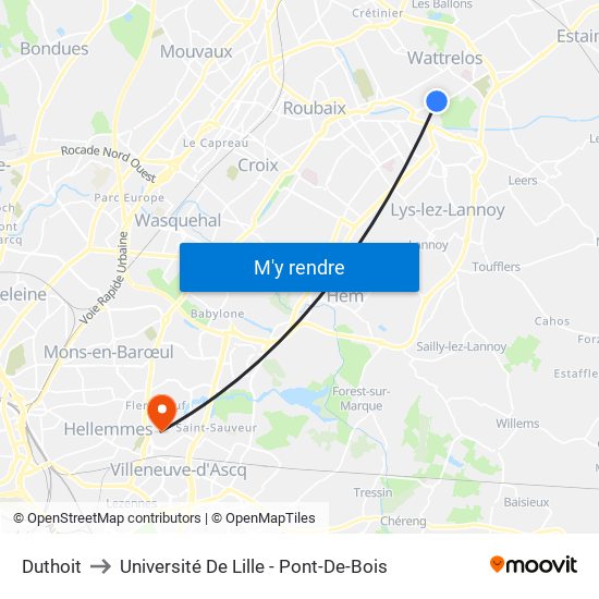 Duthoit to Université De Lille - Pont-De-Bois map