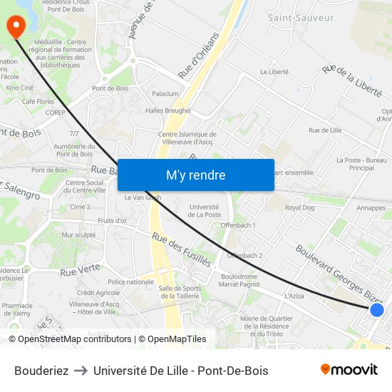 Bouderiez to Université De Lille - Pont-De-Bois map