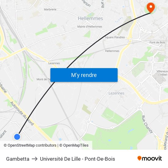 Gambetta to Université De Lille - Pont-De-Bois map