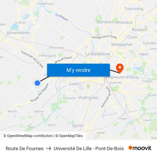 Route De Fournes to Université De Lille - Pont-De-Bois map
