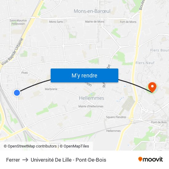 Ferrer to Université De Lille - Pont-De-Bois map