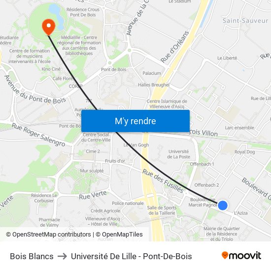 Bois Blancs to Université De Lille - Pont-De-Bois map