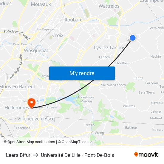 Leers Bifur to Université De Lille - Pont-De-Bois map