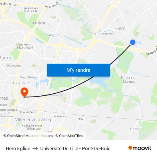 Hem Eglise to Université De Lille - Pont-De-Bois map