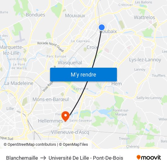 Blanchemaille to Université De Lille - Pont-De-Bois map