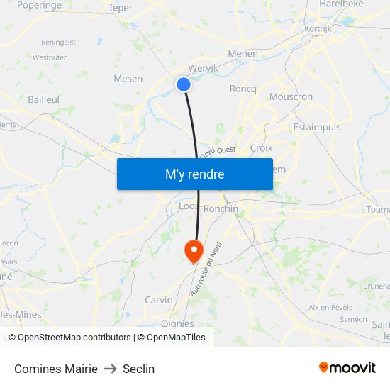 Comines Mairie to Seclin map