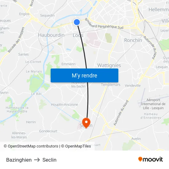 Bazinghien to Seclin map