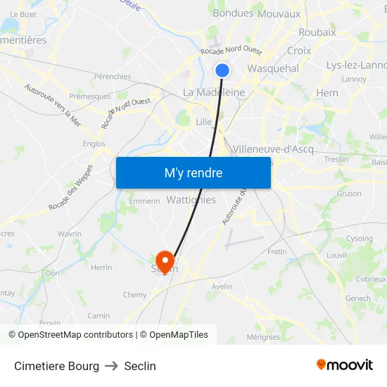 Cimetiere Bourg to Seclin map