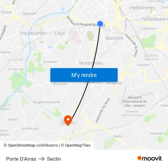 Porte D'Arras to Seclin map