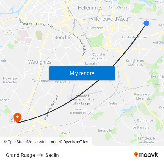 Grand Ruage to Seclin map