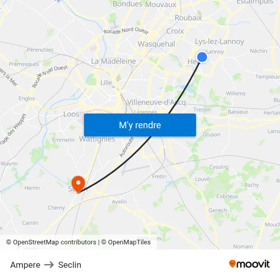 Ampere to Seclin map