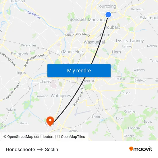 Hondschoote to Seclin map