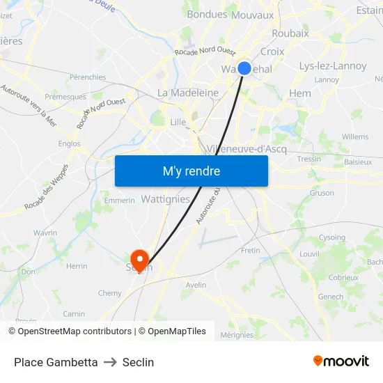 Place Gambetta to Seclin map
