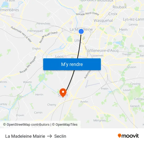 La Madeleine Mairie to Seclin map