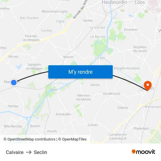 Calvaire to Seclin map
