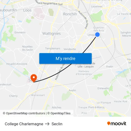 College Charlemagne to Seclin map