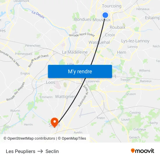 Les Peupliers to Seclin map