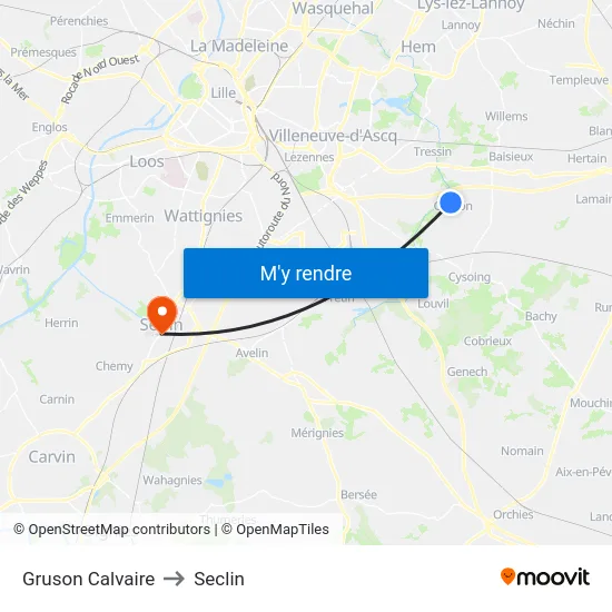 Gruson Calvaire to Seclin map