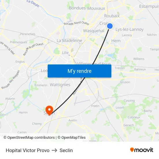 Hopital Victor Provo to Seclin map