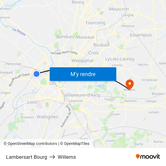 Lambersart Bourg to Willems map