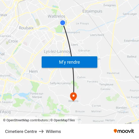 Cimetiere Centre to Willems map