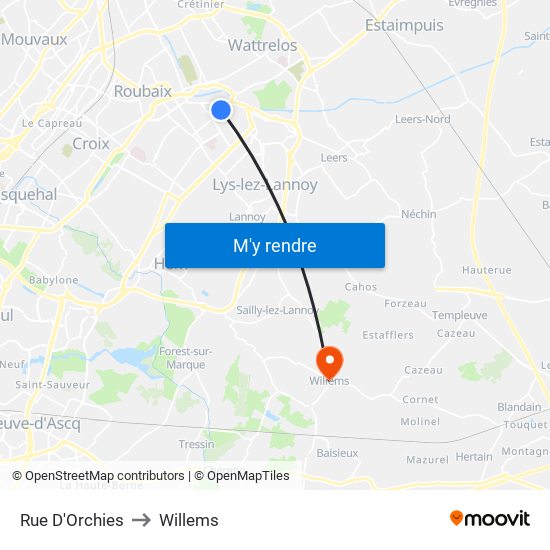 Rue D'Orchies to Willems map