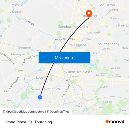 Grand Place to Tourcoing map