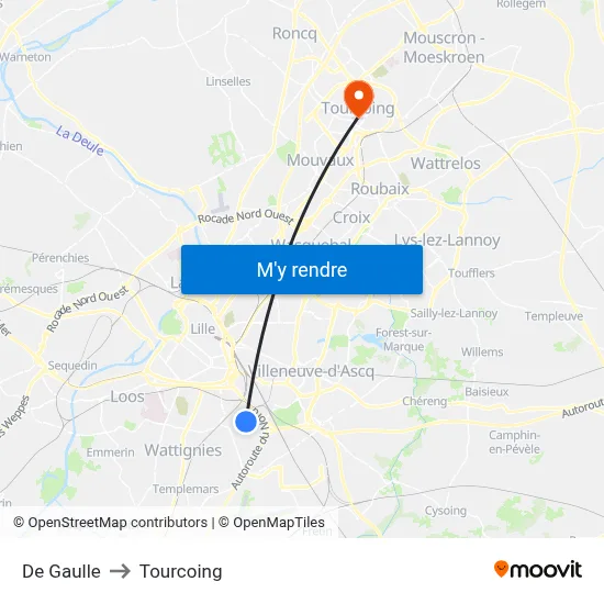 De Gaulle to Tourcoing map