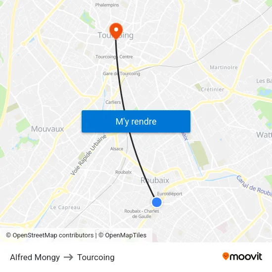 Alfred Mongy to Tourcoing map