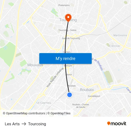 Les Arts to Tourcoing map