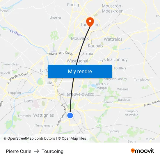 Pierre Curie to Tourcoing map