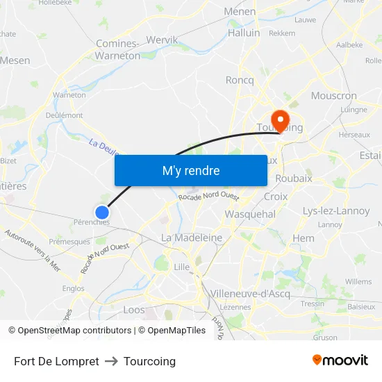 Fort De Lompret to Tourcoing map