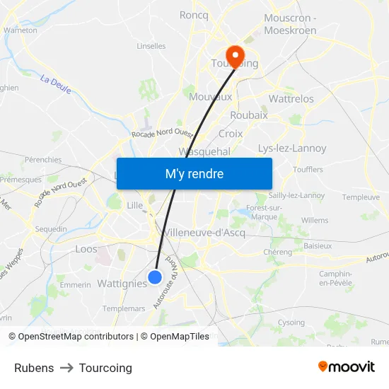 Rubens to Tourcoing map