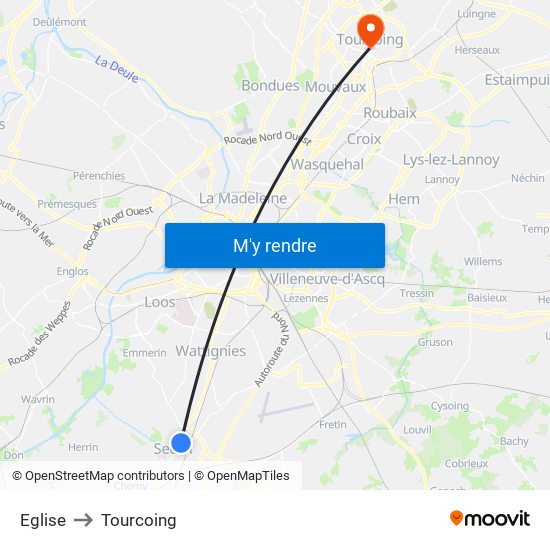 Eglise to Tourcoing map