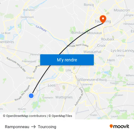 Ramponneau to Tourcoing map