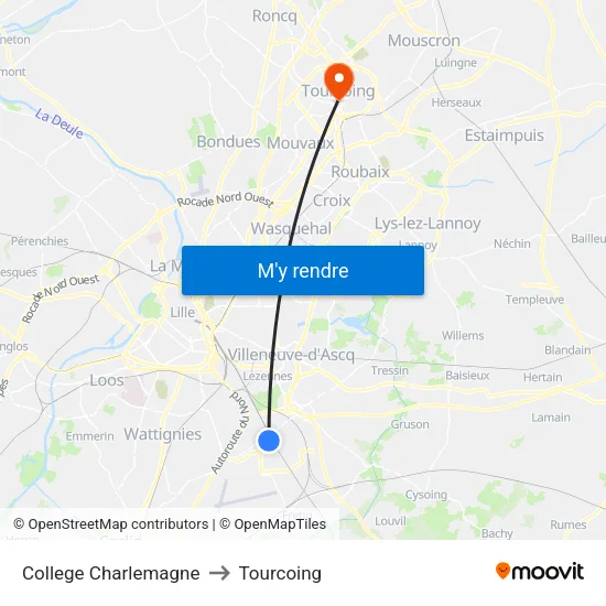 College Charlemagne to Tourcoing map