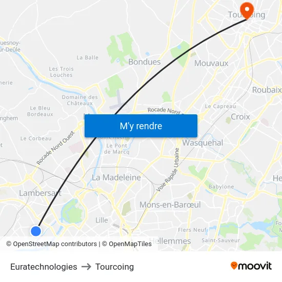 Euratechnologies to Tourcoing map