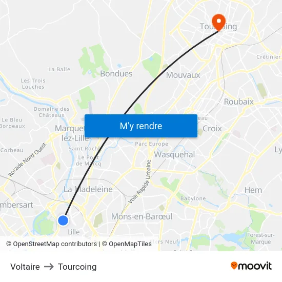 Voltaire to Tourcoing map